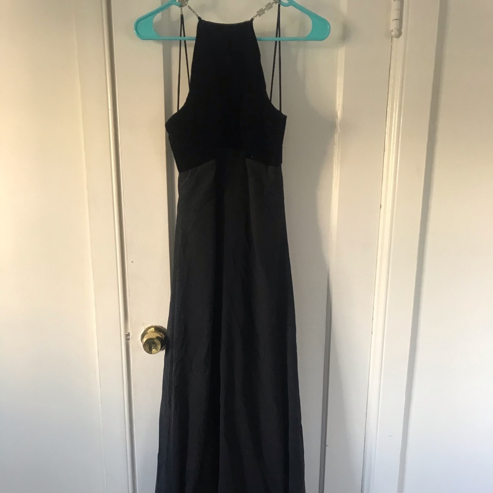 Black velvet and chiffon formal dress